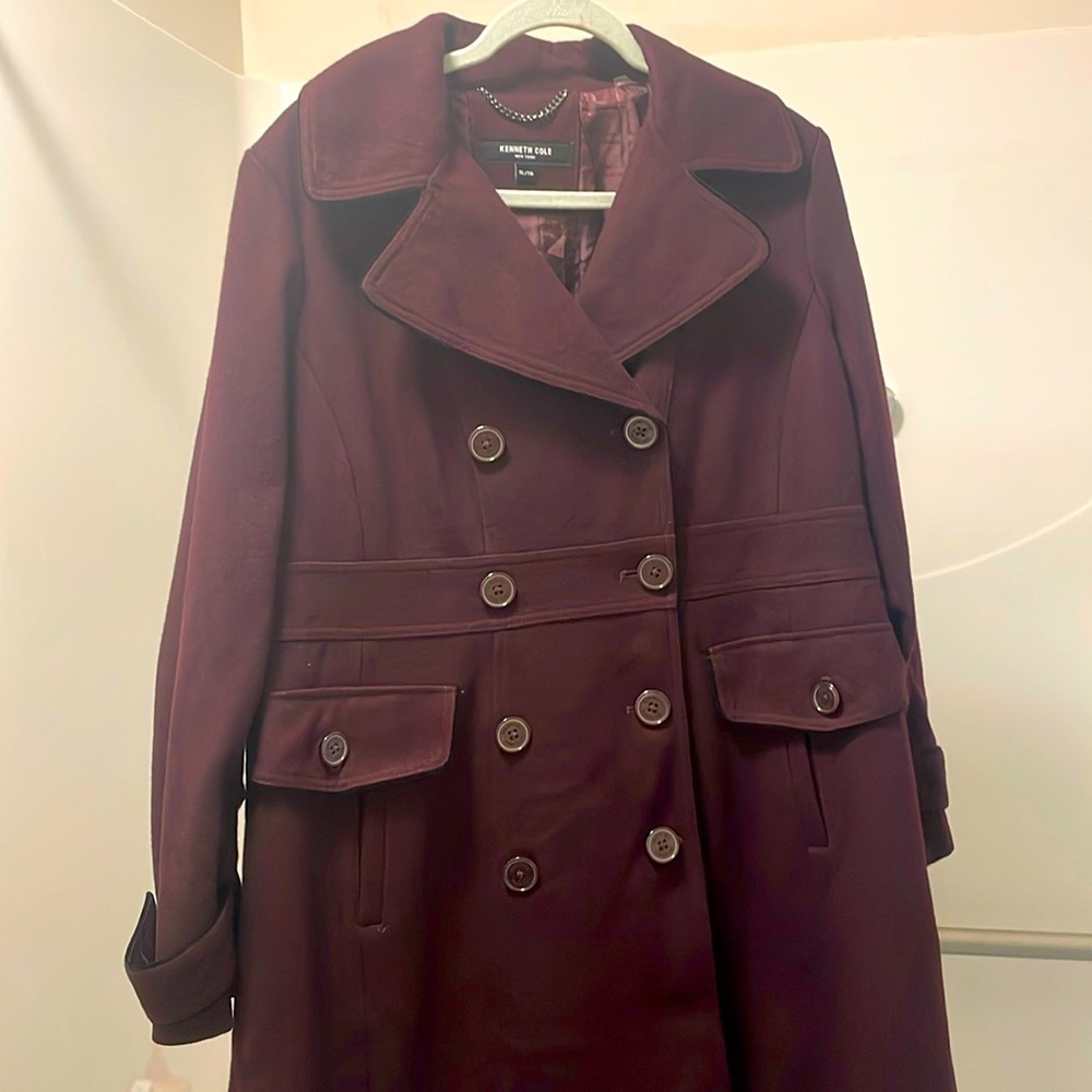 Women’s maroon heavy wool lux pea coat.